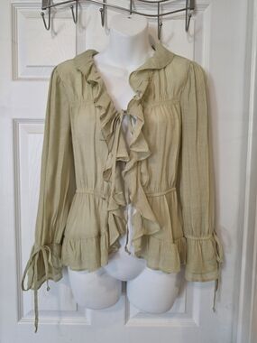 Love Light Olive Ruffled Tie-Front Blouse Size Small